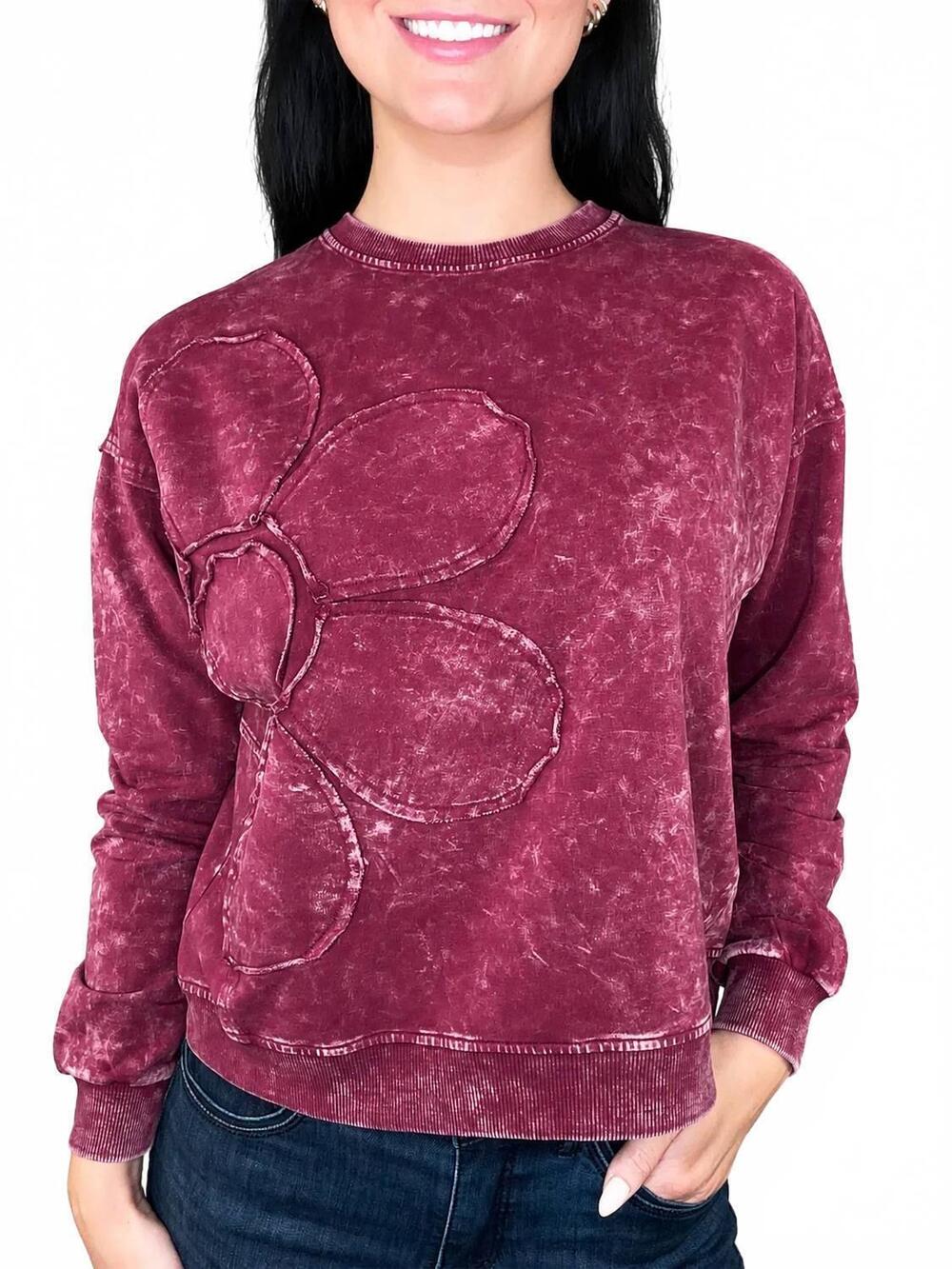 NEW CHARLIE B long sleeve top with flower applique in merlot